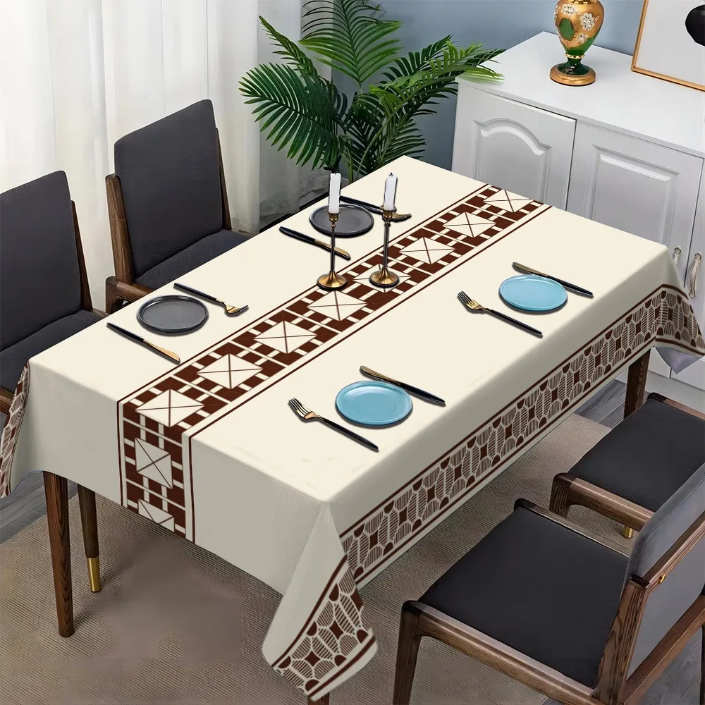 Elegant vintage khaki tablecloth with brown geometric patterns, made of square polyester fabric.