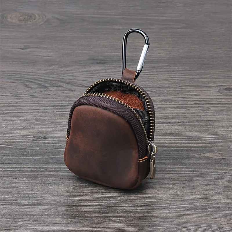 Genuine Leather Coin Purse Retro Small Zipper Pouch for Coins Earphones Accessories 4 Colors, Full Grain Cow Leather