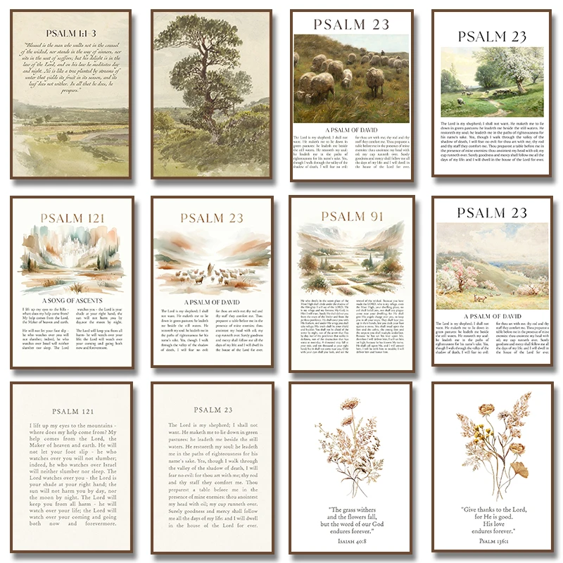 (1PC Unframe)Psalm 23 &91 Lord Is My Shepherd Floral Canvas Wall Art Poster Bible Scripture Prints Christian Farmhouse Living Ro