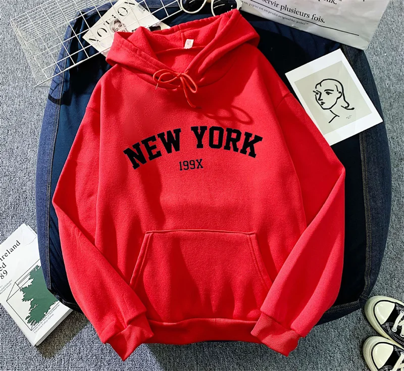 Hoodie Women Oversized Hoodies Sweatshirts for Women New York Letter Y2k Autumn Winter Oversized Velvet Casual Loose Fleece Tops