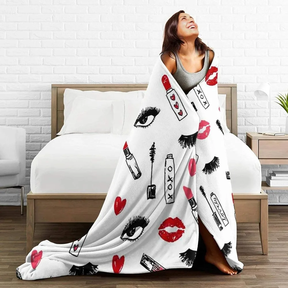 Makeup Print Mascara Beauty Lipstick Eyes Lashes Girls Throw for Spring Recliner, Air Conditioning Blanket
