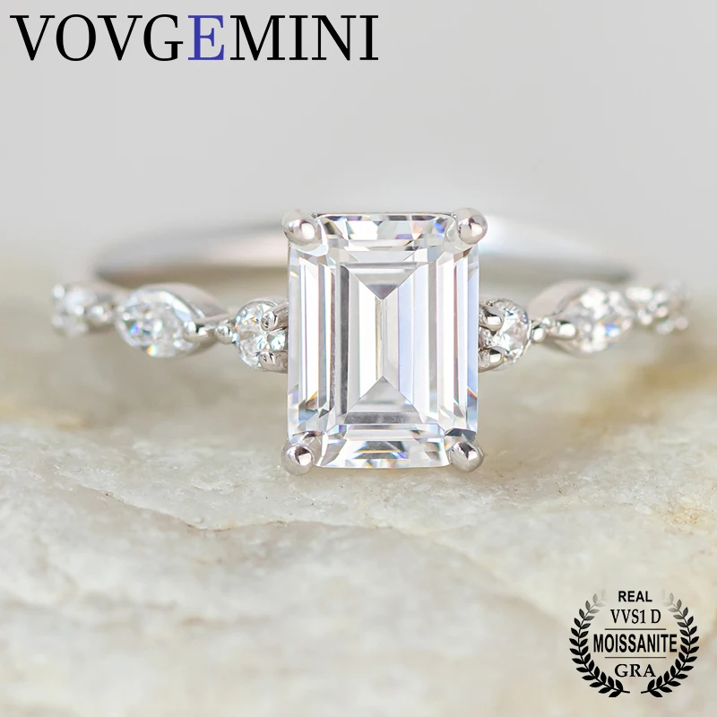 

VOVGEMINI Moissanite Ring 18k 8x6mm 1.75 Carat Emerald Cut Two Sparkling Marquise And Four Brilliant Cut Ethically Side Stone