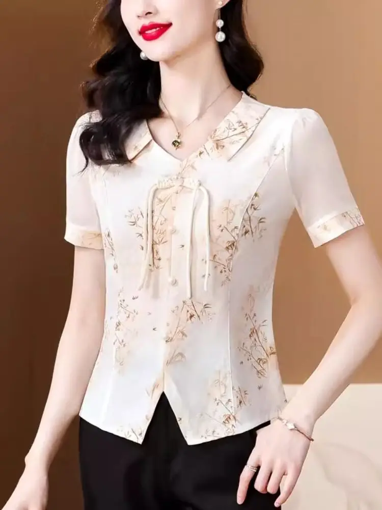

New Chinese Style Short Sleeve Chiffon Blouse Women's Summer New Vintage Print Slim Fit Top