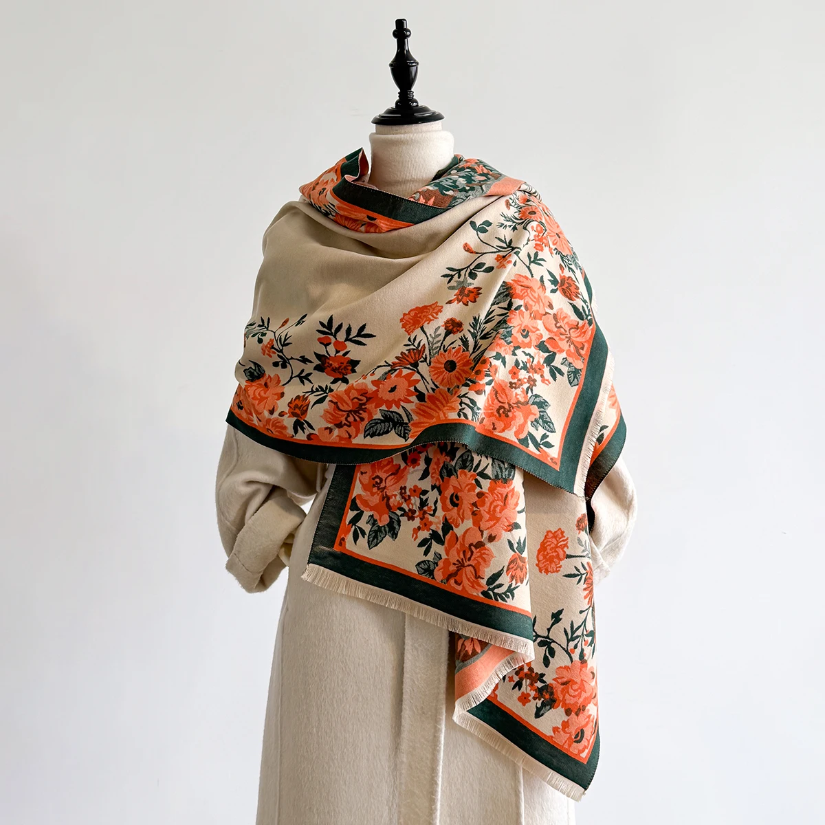 Brand Fashion Damen-Winterschal aus warmem Kaschmir – Pashmina-Schal mit Blumenmuster, dicker Schal, Wickel- und Poncho – Detail 3