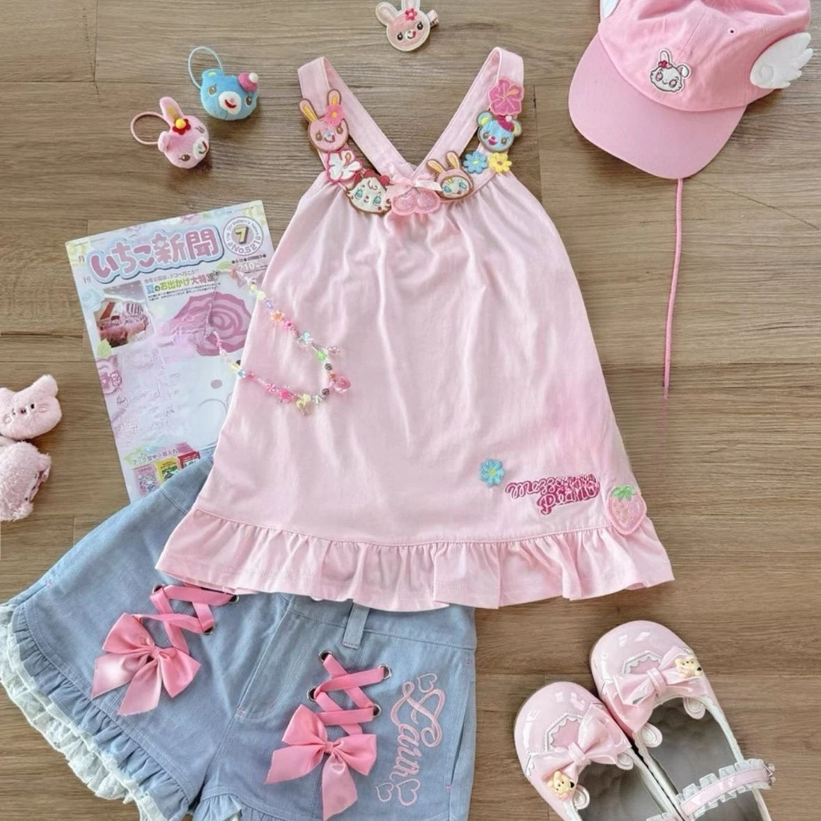 Japanese Cartoon Mp Jojifuku Mom and Daughter Matching Clothes Sleeveless Tank Top + Bow Tie Denim Shorts Sweet Y2k Suits