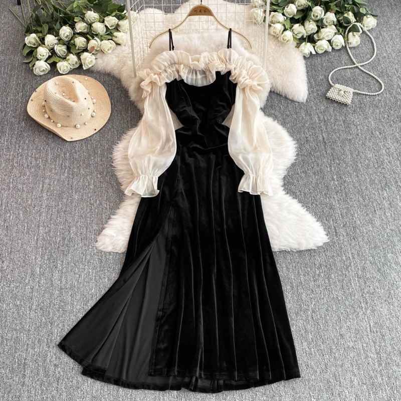 Autumn Evening Party Dress Prom Robe Ruffles Patchwork Long Sleeve Off Shoulder A-line High Split Wedding Maxi Vestidos Mujer