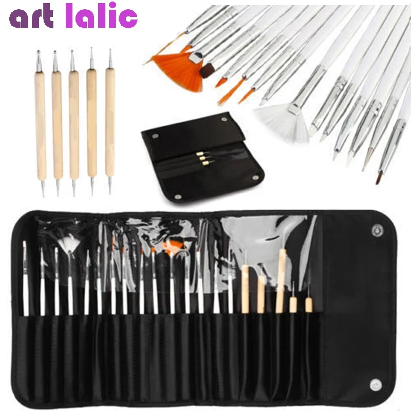 Professional 20Pcs Nail Art Kit with UV Gel Polish Painting Pen False Nail Tips Brush Tools Set And Pouch Bag for Salon Use