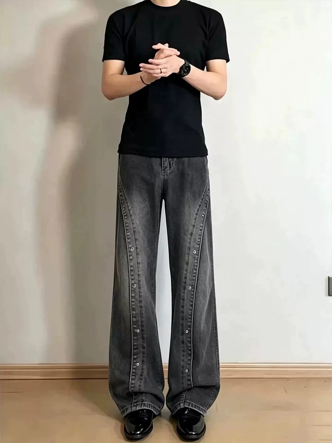 Retro American Stylish Arc Button Jeans Men's Spring Autumn Versatile Design Slim Straight Micro Flared Pants