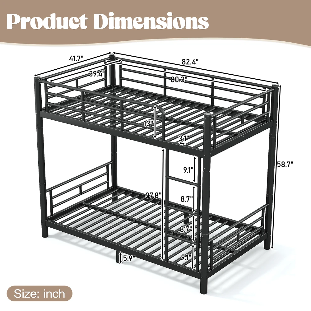 Black Twin XL Over Twin XL Metal Bunk Bed with Round Tube Frame, Separates Into Two Independent Twin XL Beds, Noise Reduced Construction, Space Saving Design for Teens Adults, No Box Spring Needed, Sturdy Bedroom Bunk Bed Frame view 3