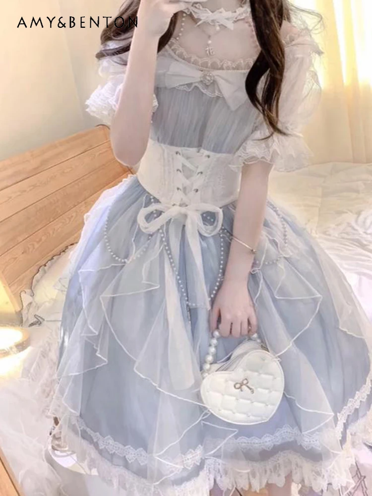 

2025 Summer New High-end Design Bow Fringed Off-shoulder High Waist Slim Versatile Dress Hang Around The Neck Blue Lolita Dress