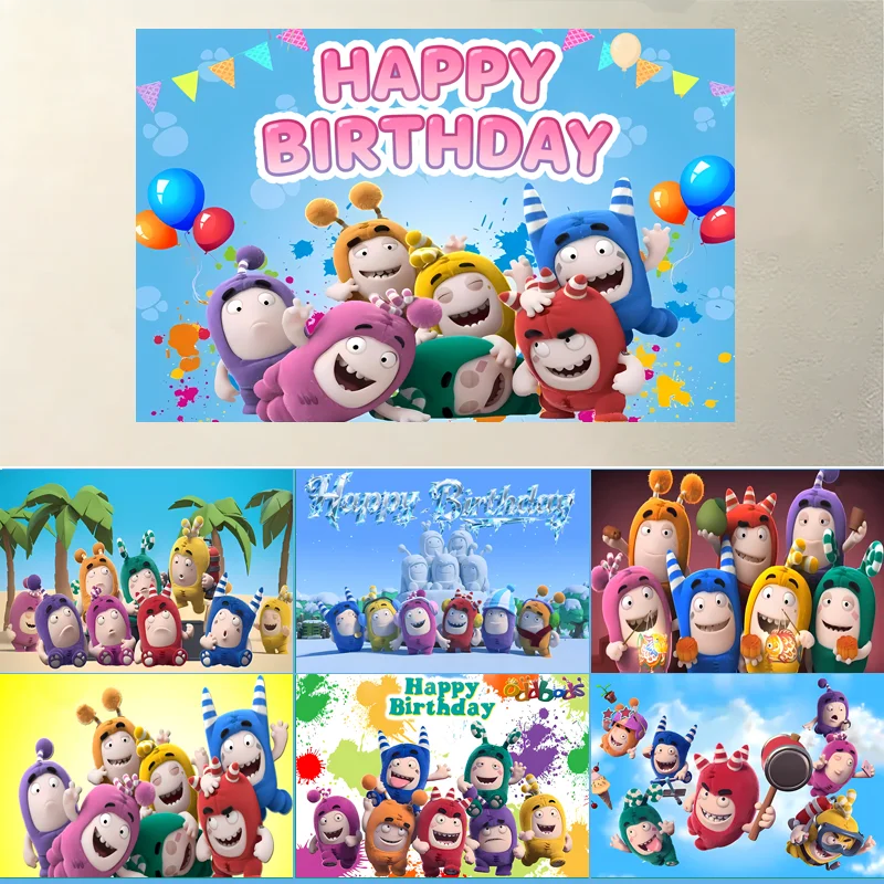 Fondo de Fiesta de Cumpleaños de Dibujos Animados para Niños O-Oddbods, Decoración de Fiesta con Globos de Arcoíris y Banderas, Suministros para Fotografía