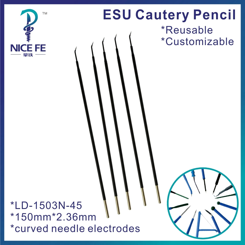 LD-1503N-45 5 Stück wiederverwendbar Großhandel elektrochirurgische gebogene Nadelektrode ESU Elektrochirurgischer Kauter Bleistift 150 mm * 2,36 mm