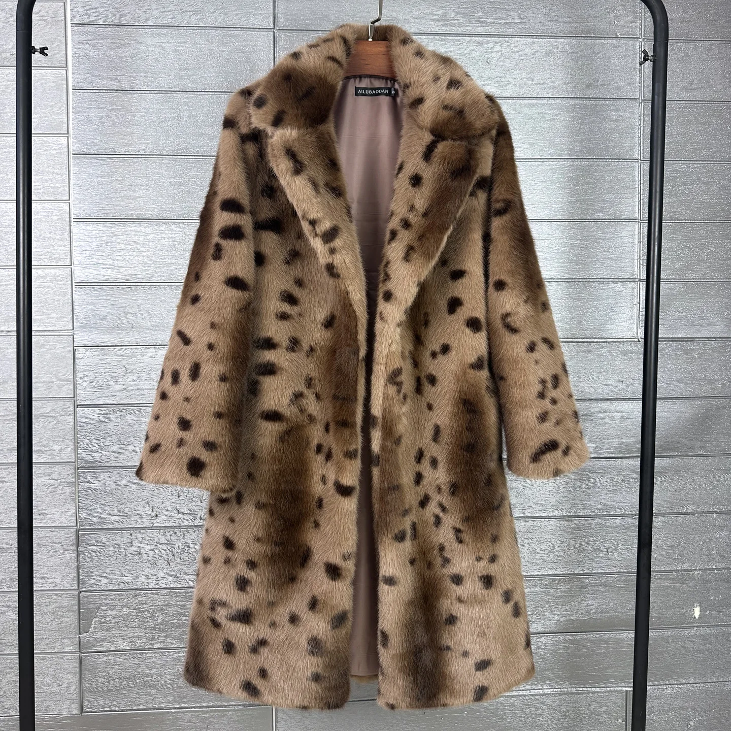 Women Leopard Print Faux Mink Fur Coat Lapel Collar Mid Long Fluffy Warm Winter Faux Fur Overcoat