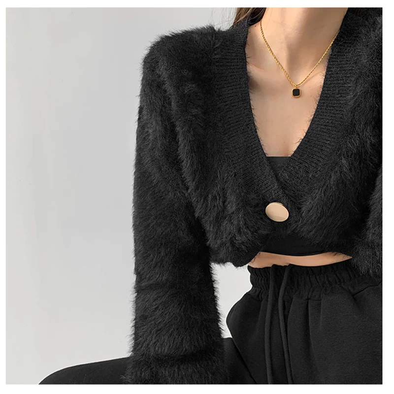 HELIAR Women Button Cropped Sweater Imitation Mink Hair V-Neck Long Sleeve Sweater Solid Cardigan Coat Women 2024 Autumn Winter