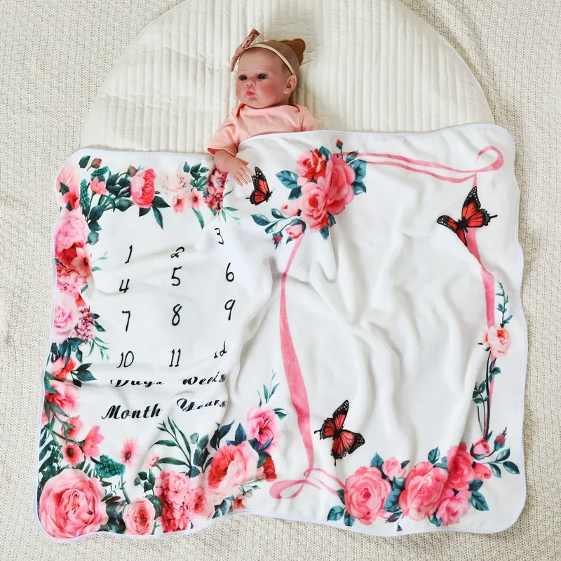 VIKAMA Baby Monthly Milestone Blanket, Newborn Growth Chart Calendar With Floral Frame, 100-Day Commemorative Photo Prop Blanket