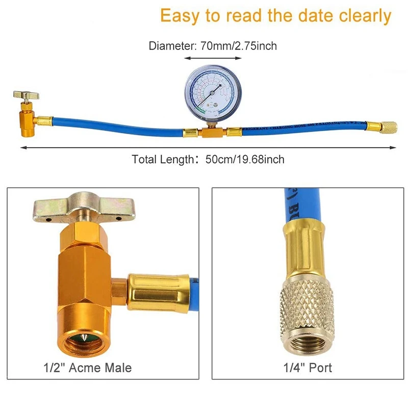 R134A Charging Hose to Refrigerator -with Air Conditioning Gauge - Refrigerant R134A Can Tap to R-12/R-22 Port