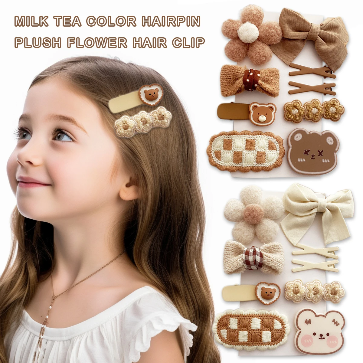 10sets Korean Style Versatile All-matching Milky Autumn And Winter Plush Flowers Cute Girl Heart Hairpin Coffee Bow