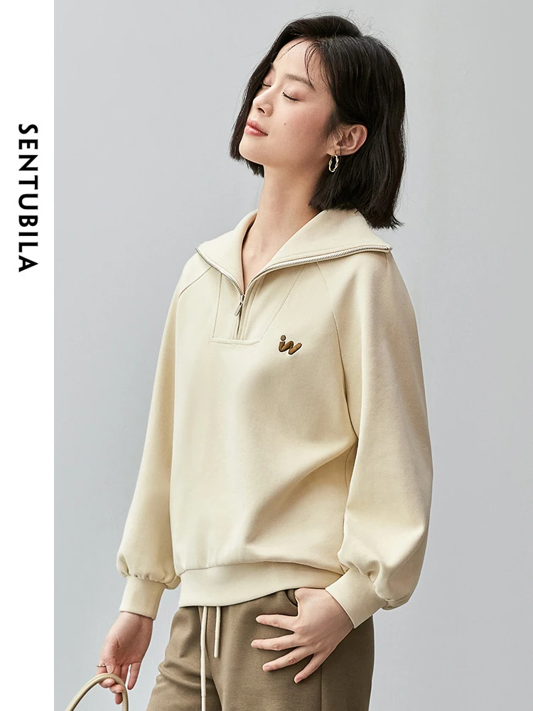 SENTUBILA Casual Cotton Sweatshirt for Women 2024 Autumn Straight Letter Embroidery Solid Simple Half Open Collar Coat 143A55822