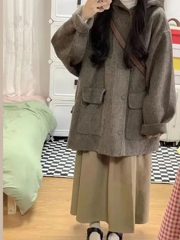 

Очень большое шерстяное пальто-котонакидка в стиле ретро, класса люкс, женское, осенне-зимнее, свободного кроя, универсальное, из кроличьего вельвета, очень теплое