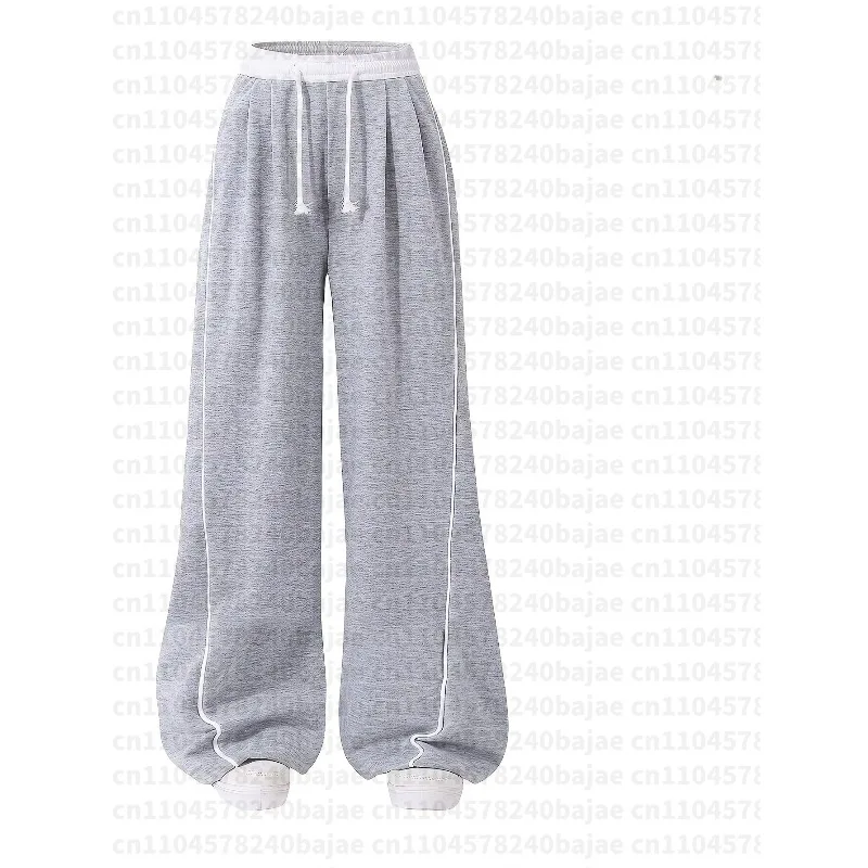 Kids Girls Contrast Line Drawstring Waist Baggy Wide Leg Heather Gray Casual Sport Pants - view 3