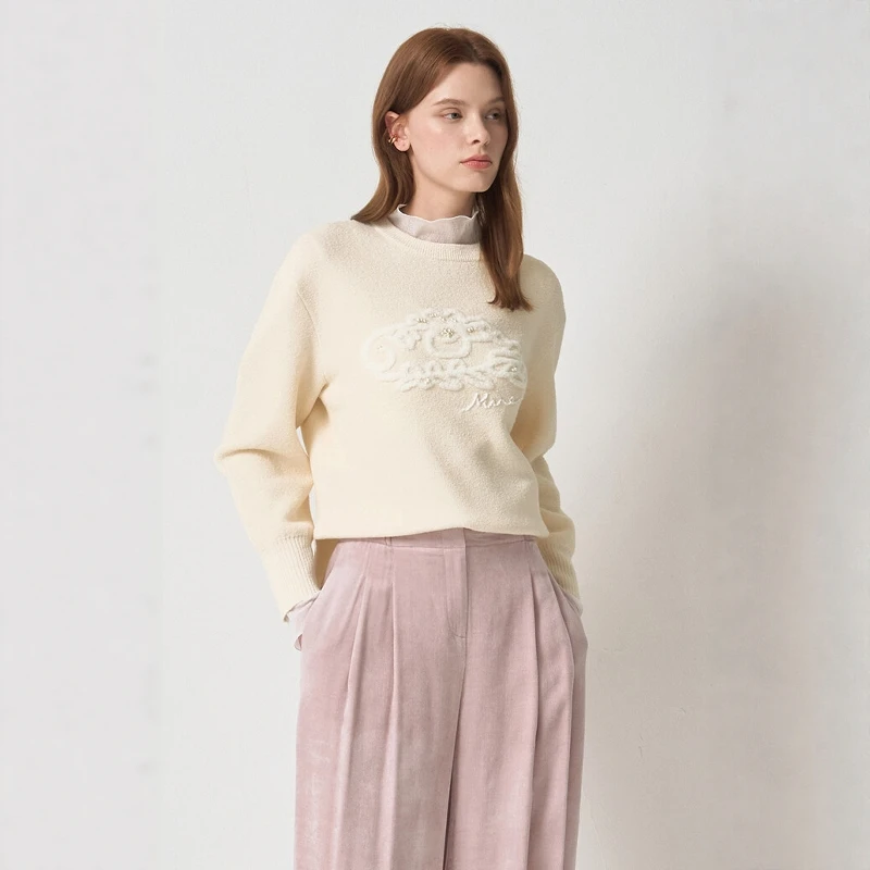 

Soft Woolen Knitted Sweater round Ne Embroidered Beaded Open Split Commute Sle Korean System Sweater Polyester Fiber Long...