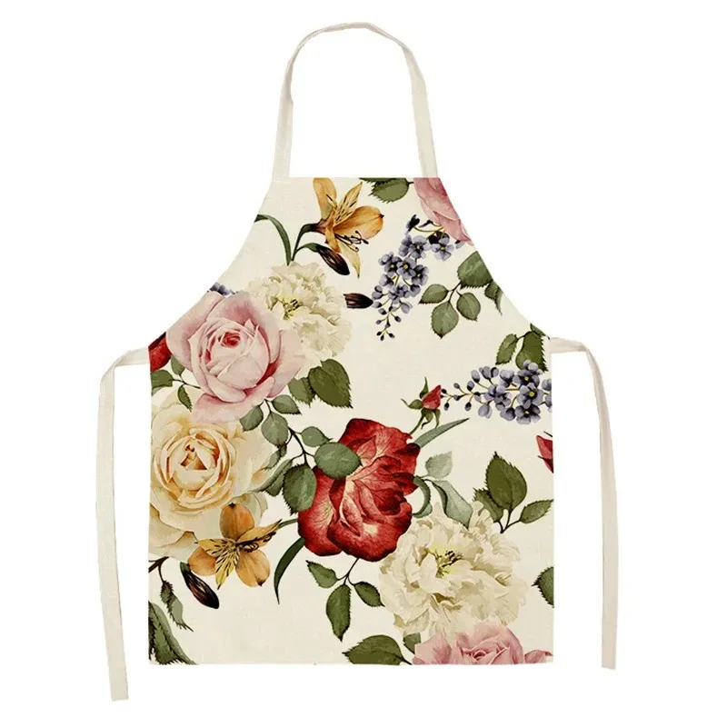 Peony flower linen apron kitchen milk tea shop restaurant work clothes home decoration printed cleaning apron children\'s bib