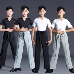 New Light blue Boy Latin Dancing Sets boys Latin Dance clothing Children Rumba/Cha Cha/Samba Dancewear black Lace-up pants