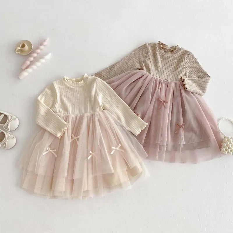 MiniAinis Spring Autumn New Girl Mesh Bowknot Dress Clothes Girl Long Sleeved Princess Gauze Skirt 1-5 Years Old