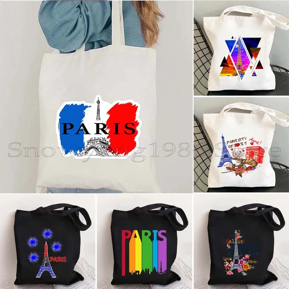 

Милый Париж Франция Эйфелева башня Кафе Skyline Heart Сувенир Подарок Цветочный буквенный принт Большая сумка Harajuku Холщовая сумка на плечо