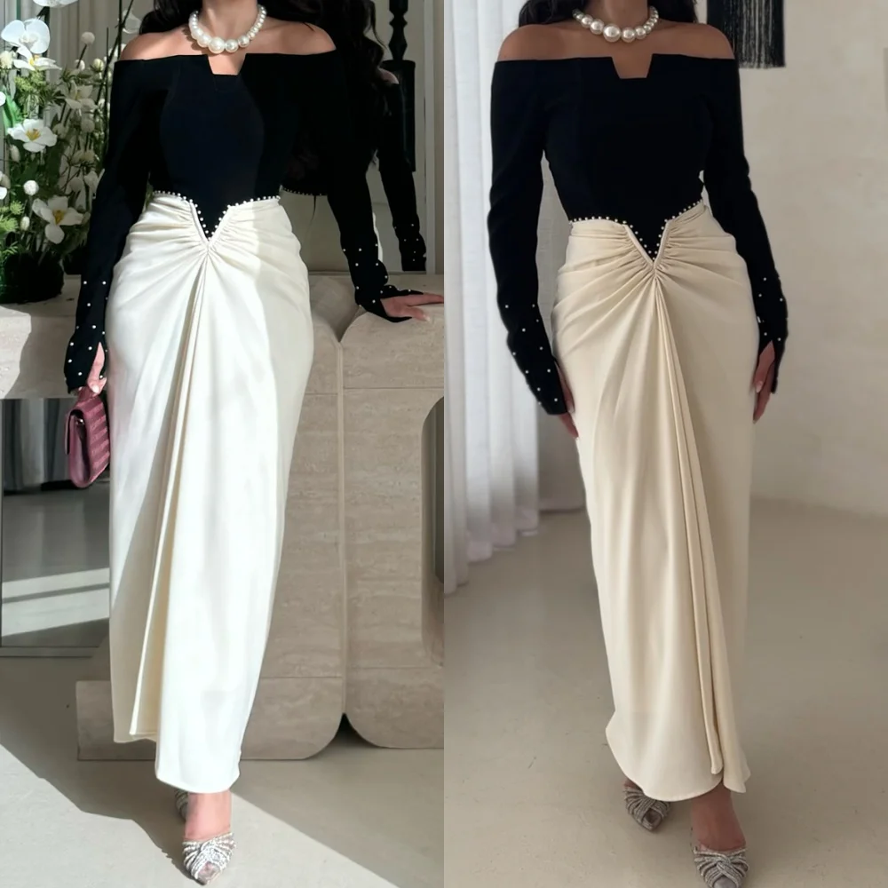 

Customized Formal Black Jersey Evening Dress Modern Off the Shoulder Long Sleeves Celebrity Gowns Fashion Vestido De Festa