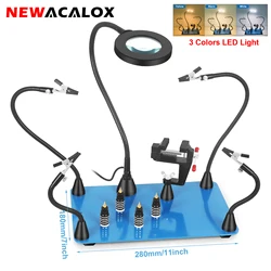 NEWACALOX Heavy Duty Base Welding Workbench with 4 Magnetic Flexible Arm PCB Holder 3X LED Magnifying Lamp for Soldering Repair