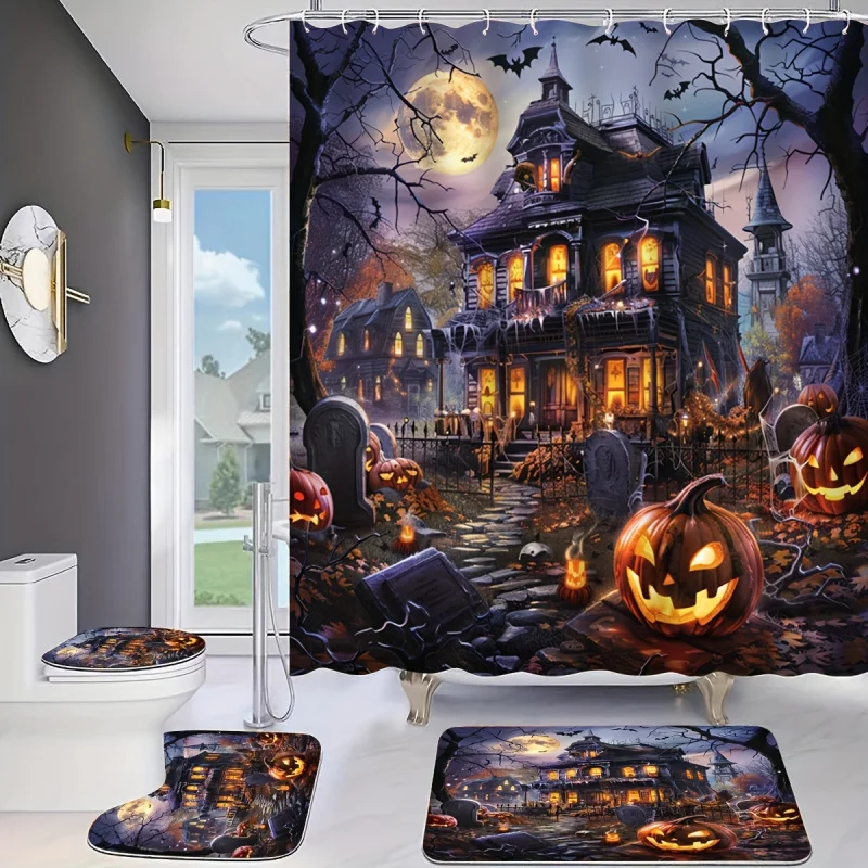 1/4pcs Halloween Cartoon Haunted House Printed Shower Curtain Set, Decorative Bathroom Set Including Waterproof Shower Curtain,