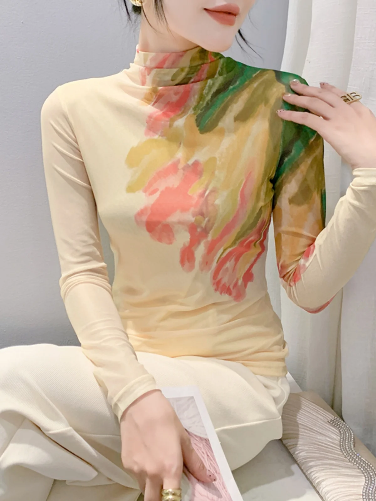 S-4XL Women\'s Autumn Long Sleeve Turtleneck Double-Layer Mesh T-shirts Female Positioning Printing Top FF0901
