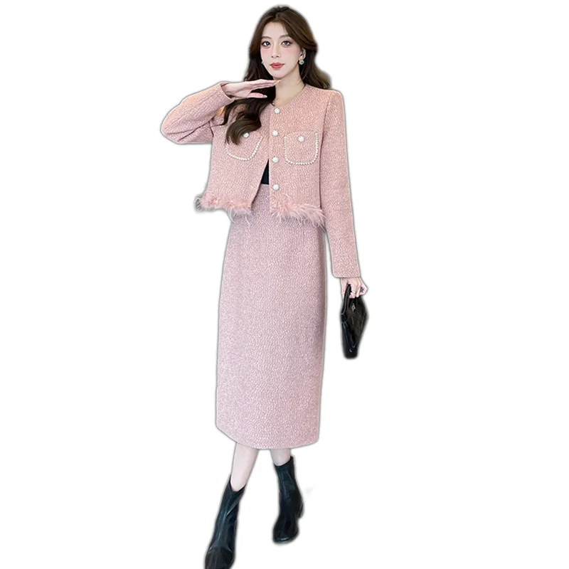 Autumn Winter Women Thicken Cotton-padded Tweed Skirt Suits Fur Patchwork Short Jacket And High Waist Long Skirt Two Piece Set