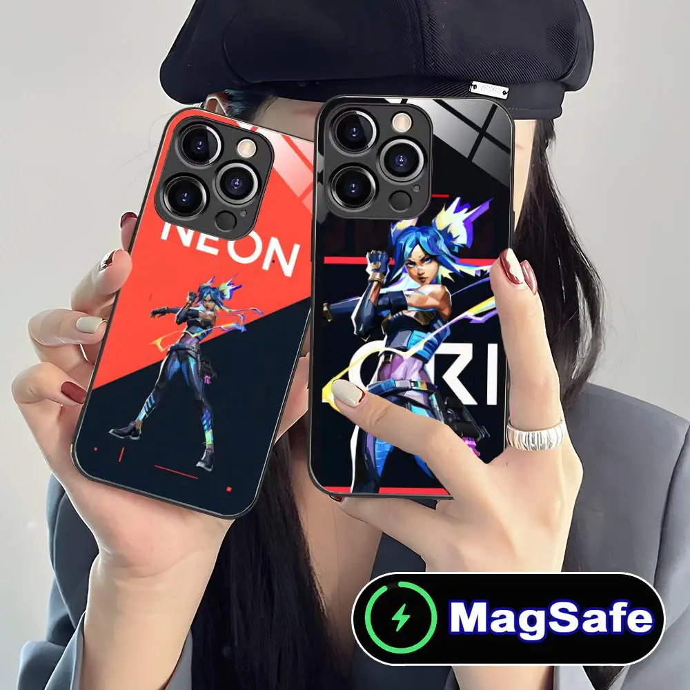 

Valorant Neon Mobile Phone Case for iPhone 16 15 14 13 12 11 Pro Max Plus Mini MagSafe Glass Colour Protective Cellphones Cover