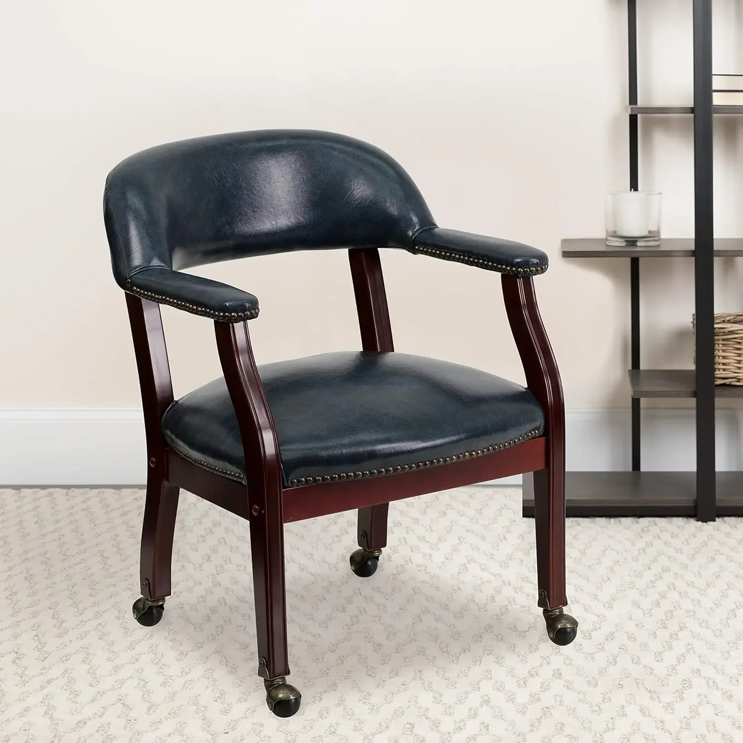 Furniture Sarah Navy Vinyl Luxurious Conference Chair with Accent Nail Trim and Casters