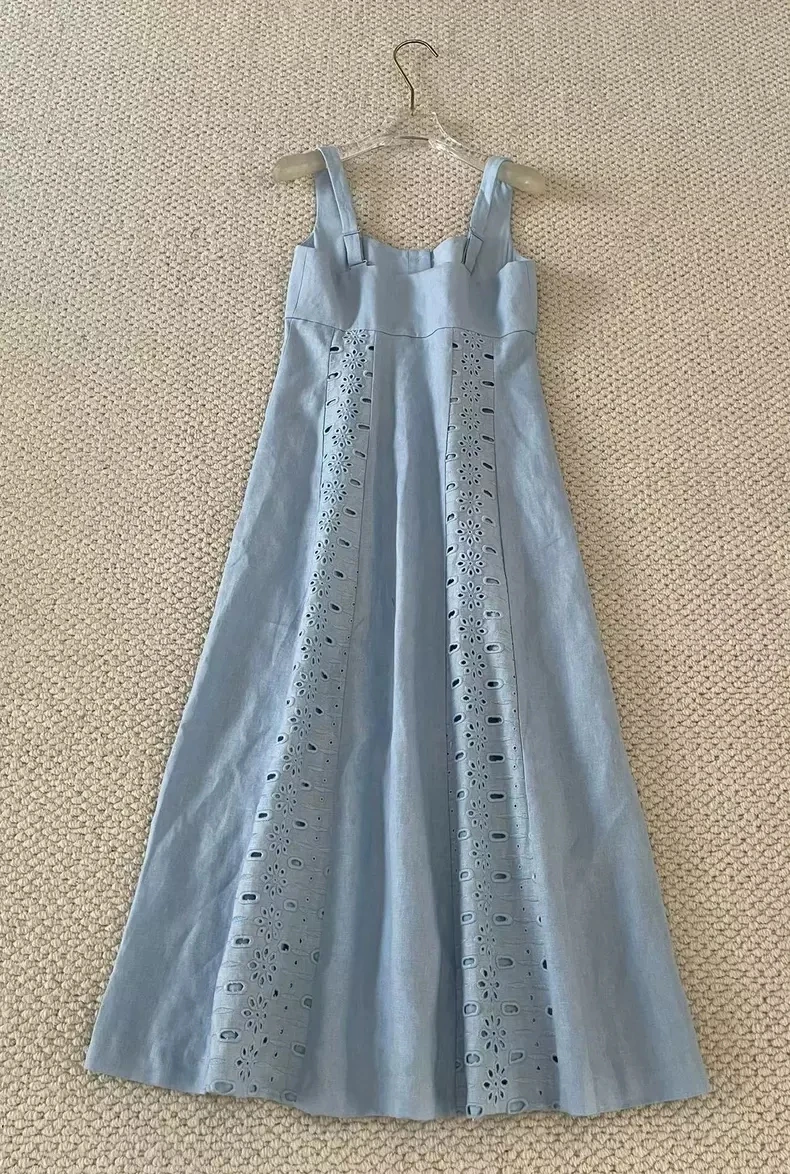 Women Linen Tank Dress Blue Embroidered Sleeveless Suspender midi dress