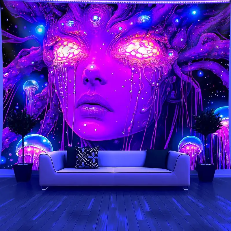 VIKAMA Wall Tapestry Psychedelic Jellyfish Goddess Tapestry Black Light Lamp Purple Tone Printed Print Tapestry Hanging