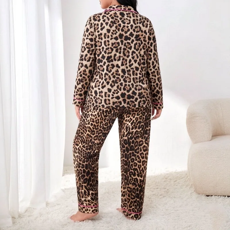 Customized New Women's Pajamas Peach Heart Leopard Print Printed Cardigan Long Sleeved Trousers Pajamas Loungewear Set