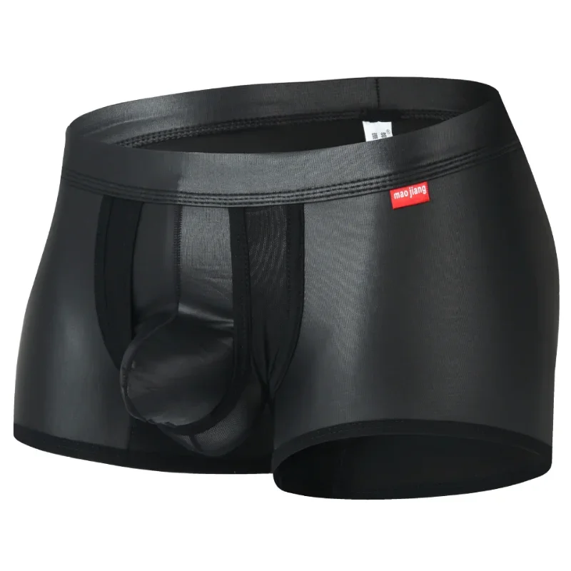 Men Trunks Black Pu Leather Underwear Gun Egg Separation Boxer Homme Mesh Bag Sports Breathable Panties Bulge Pouch Boxers