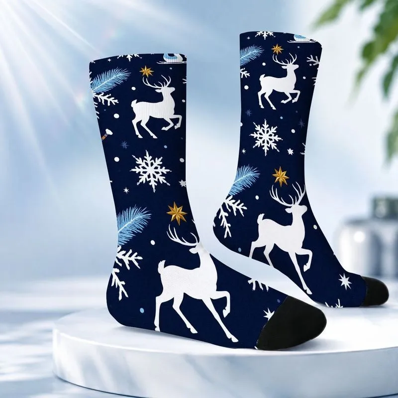 Festive Reindeer Snowflake Print Mid Calf Socks Unisex 1 Pair Polyester Spandex Blend for Christmas Winter