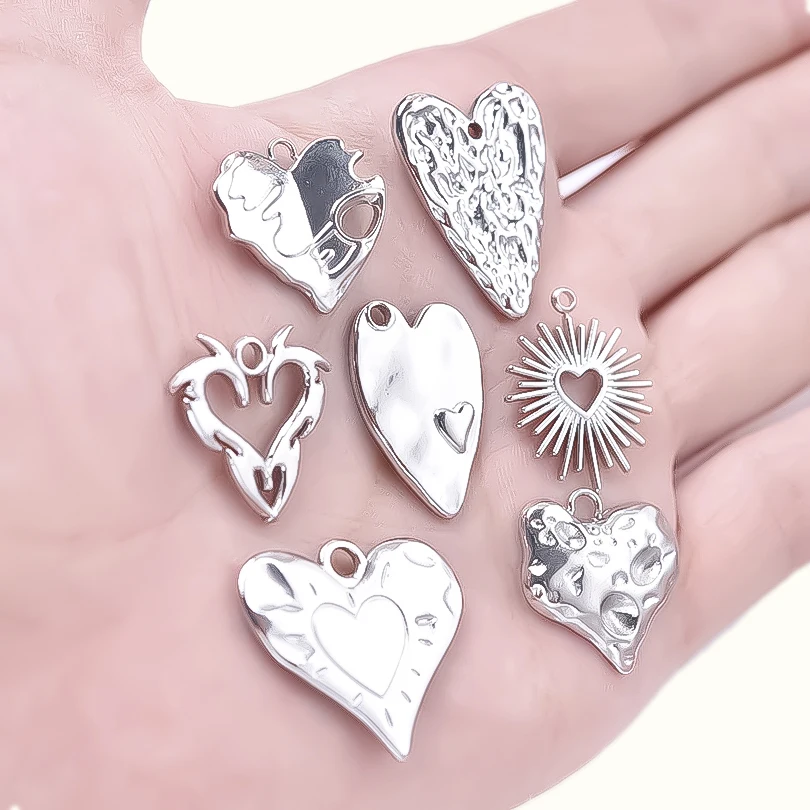 High Quality 6pcs Silver Color Heart Charm Stainless Steel Charms For Jewelry Making Pendnat Breloque Acier Inoxydable Materials