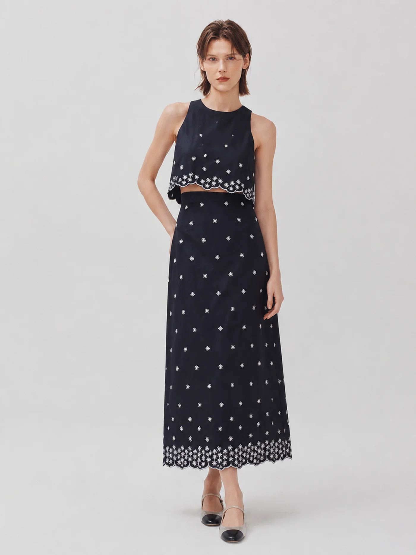 Cool Cotton Linen Straight Cut  Skirt Embroidered Vintage Floral Wave  Loose Women's Skirt High Waist Summer 2026