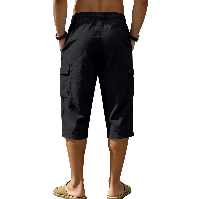 Europäische und amerikanische Sommer-Shorts aus Leinen für Herren, lässig, Outdoor, Arbeitskleidung, Pendler, Sport, Multi-Pocket, 7/8-Länge – Detail 17