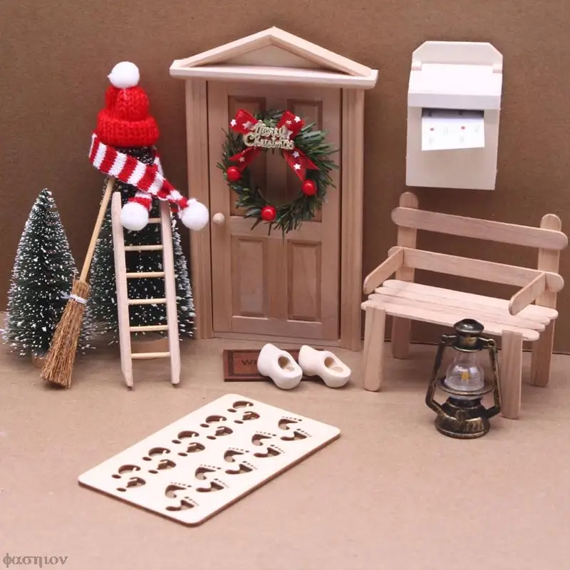 

Christmas Decor DollHouse Elf Door Decor Hat Scarf Wreath Mini Tree Oil Lamp Mailbox Bench Fairy Toyhouse Miniature Scene Model