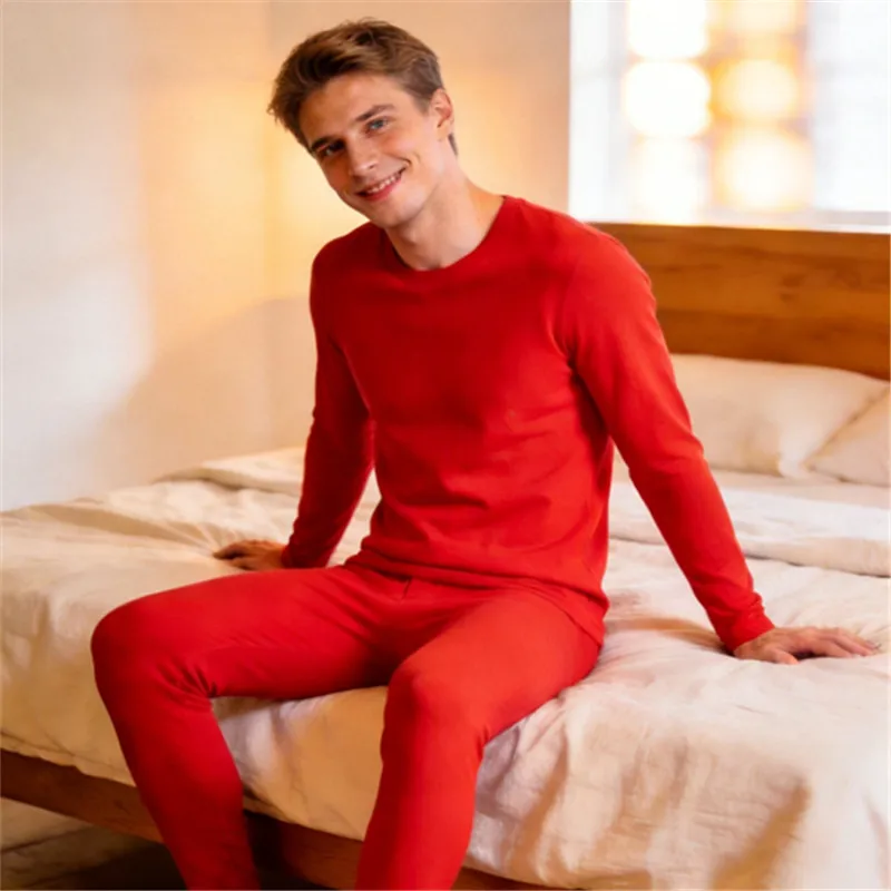 Men Lucky Red Thermal Underwear Set Solid Long Sleeve Top Pants Warm Base Layer Long Johns Winter Sleepwear Pajamas Big Size 8XL