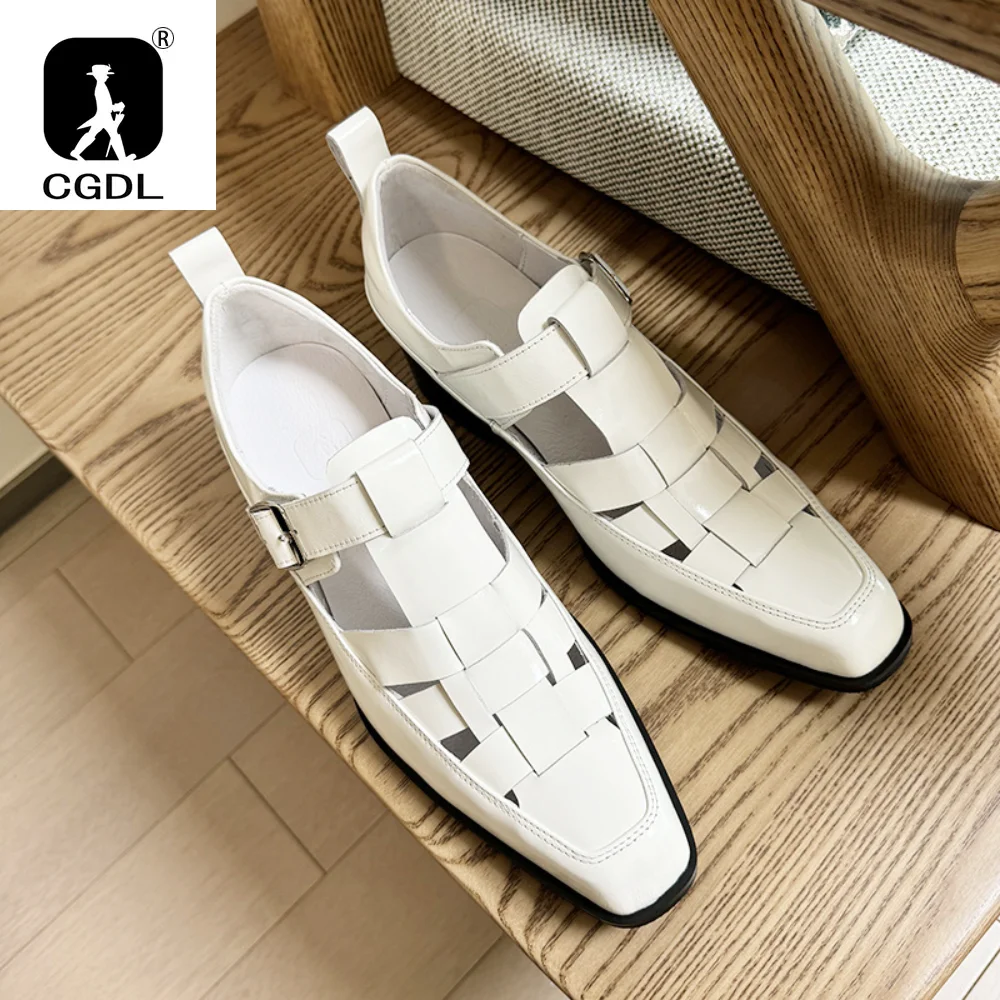 2025 Estate Nuovo Bianco 6CM Sandali gladiatore col tacco alto Punta quadrata da uomo Hollow Roman Shoe Vera pelle Aumenta l'altezza Tendenza