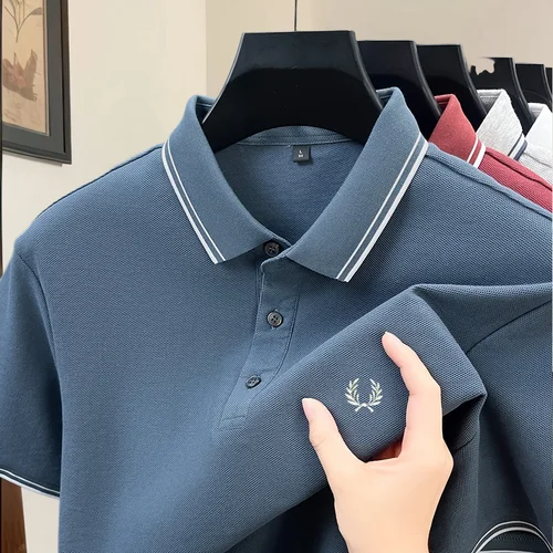 Imagen 2 del producto 100% algodón puro marca de gama alta diseñador de verano original exquisito bordado polo camisa cómoda casual manga corta para hombres