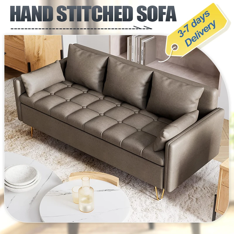 Faux Leather Sofa with Button Tufted Design and Hand Stitched, Heavy Duty Foundation with Gold Metal Legs, Lift-Up Storage