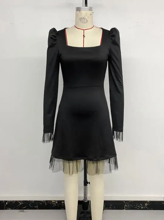 

Women's Dresses Autumn Square Neck Bubble Long Sleeve Temperament Elegant Mesh Splicing High Waist Sweet A-Line Version Dress